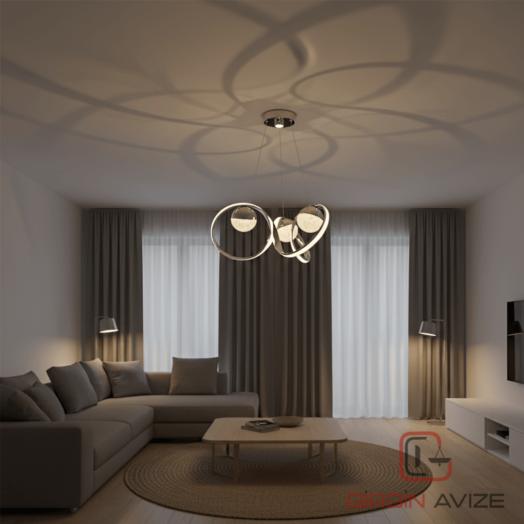 Modern Krom LED Halka 3'lü Sarkıt Avize - Görsel 3